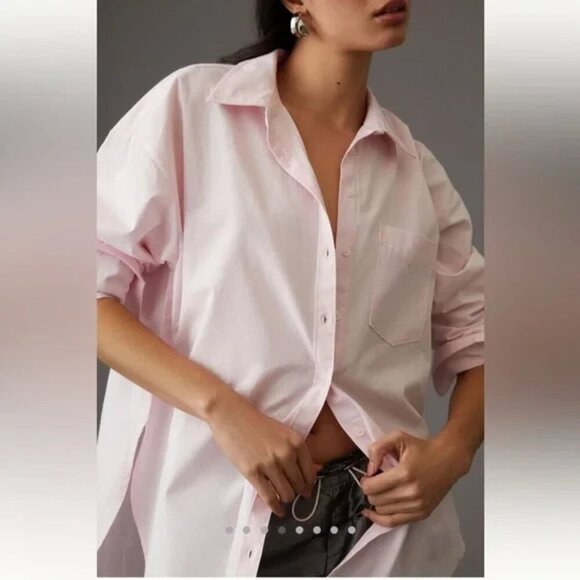 Anthropologie Maeve The Bennet Button down Shirt Cotton Light Pink L - Picture 2 of 4